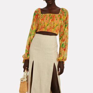 Caroline Constas Amelia Smocked Floral Silk Top Size: L